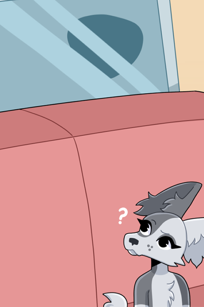 An image of Pookie, the player character's girlfriend in Chihuahua Champ, sitting on their couch. She's looking over at the player character with a confused expression.