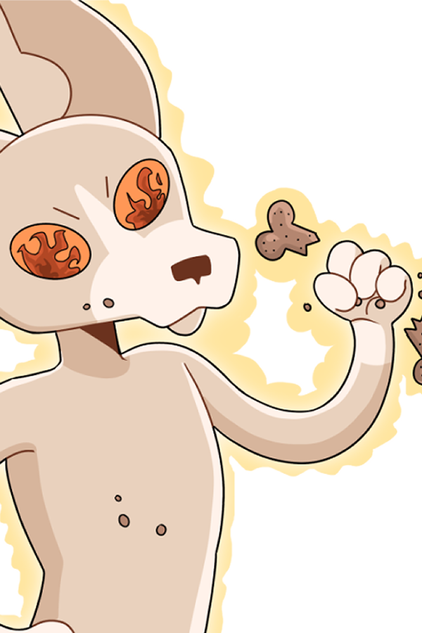 An image of the player character in Chihuahua Champ, who is depicted glowing with a yellow aura and has fire in his eyes. In a determined pose, he's crushing a dog treat in his hand.