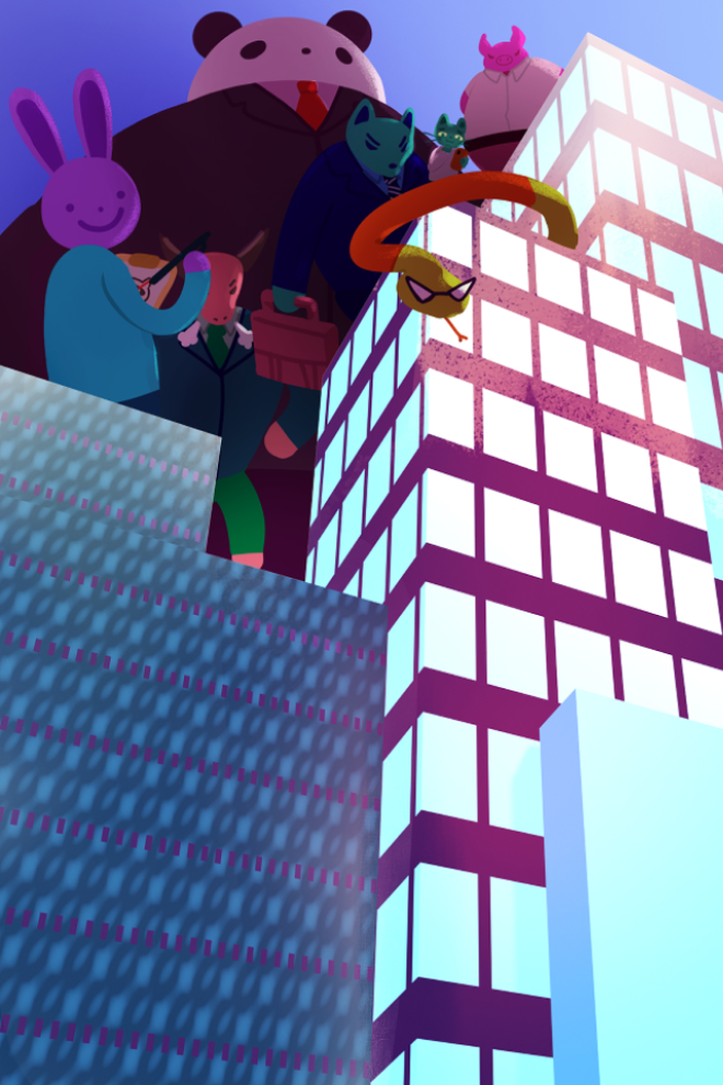A splash screen of Clock Out!!, featuring several bosses in the game on top of corporate buildings.