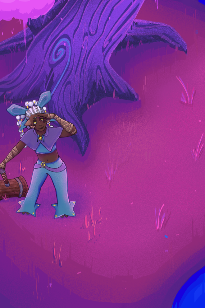 A splash screen of Project Dreamscape featuring the Dreamer leaning on a hammer in the dream forest biome.